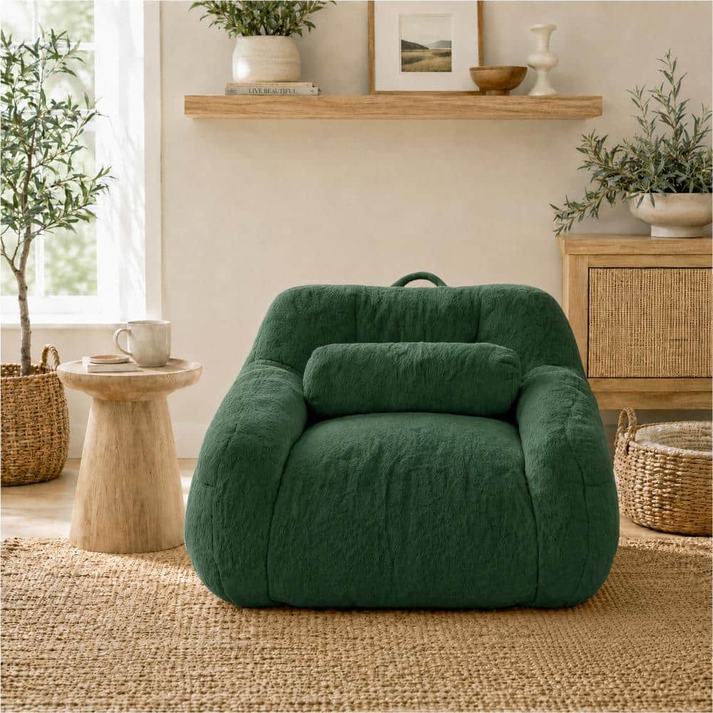 Faux Fur Bean Bag Chair with Memory Foam,Boneless Floor Chair for Adults and Kids,Casual Reading Chair in Green