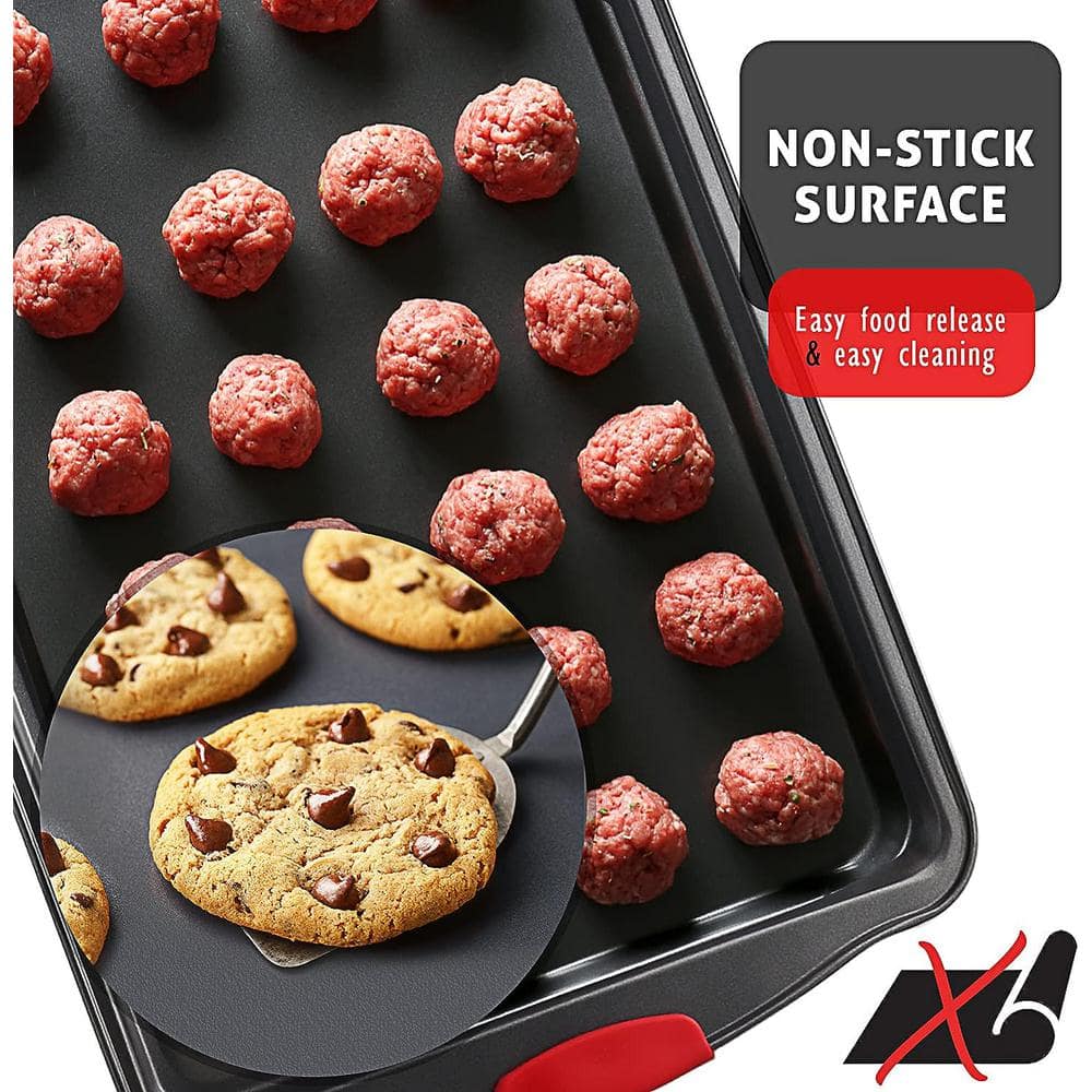 JoyTable Nonstick Carbon Steel Cookie Sheet Set with Red Silicone Handles