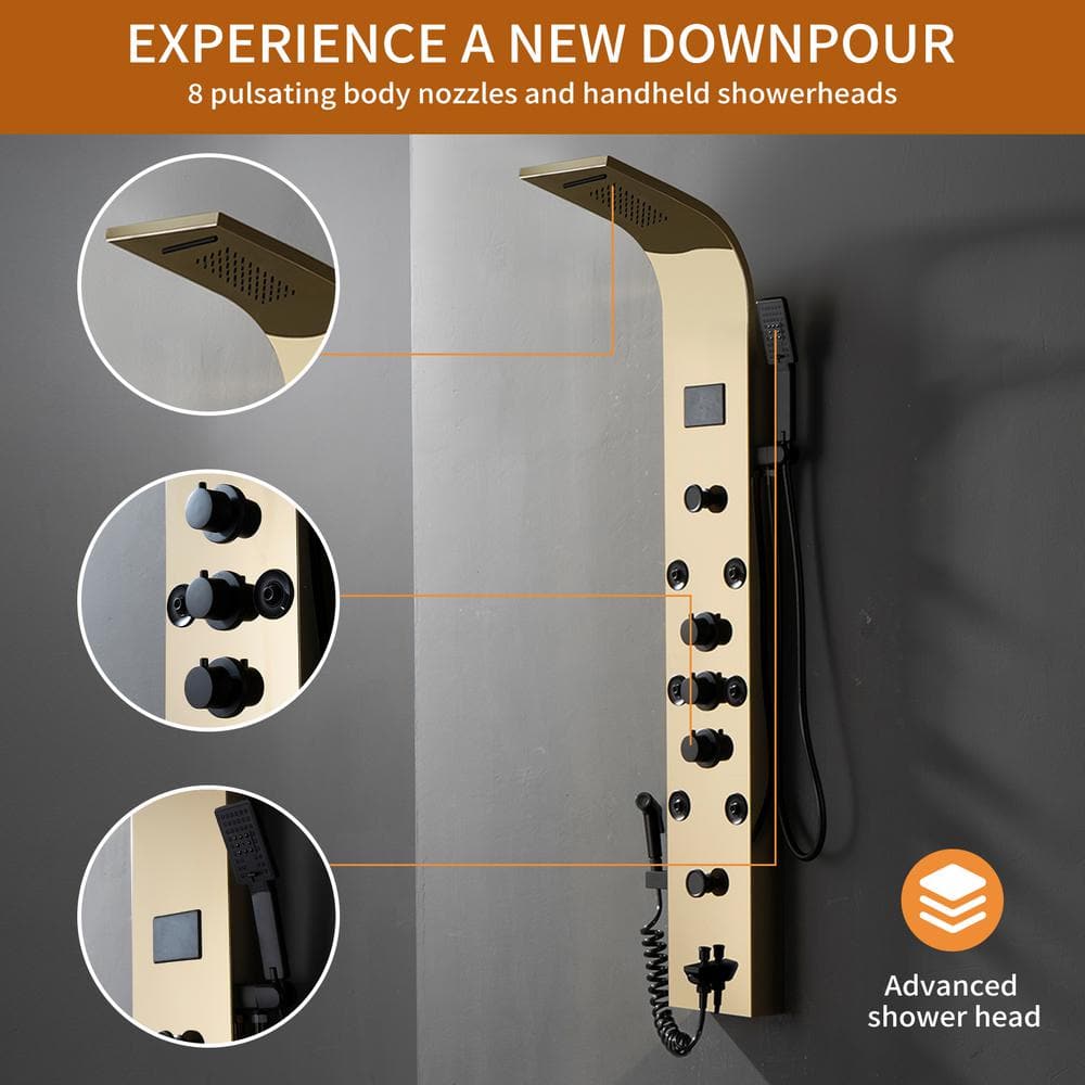 Gold and Black Brass 8-Jet Rainfall Shower Panel System