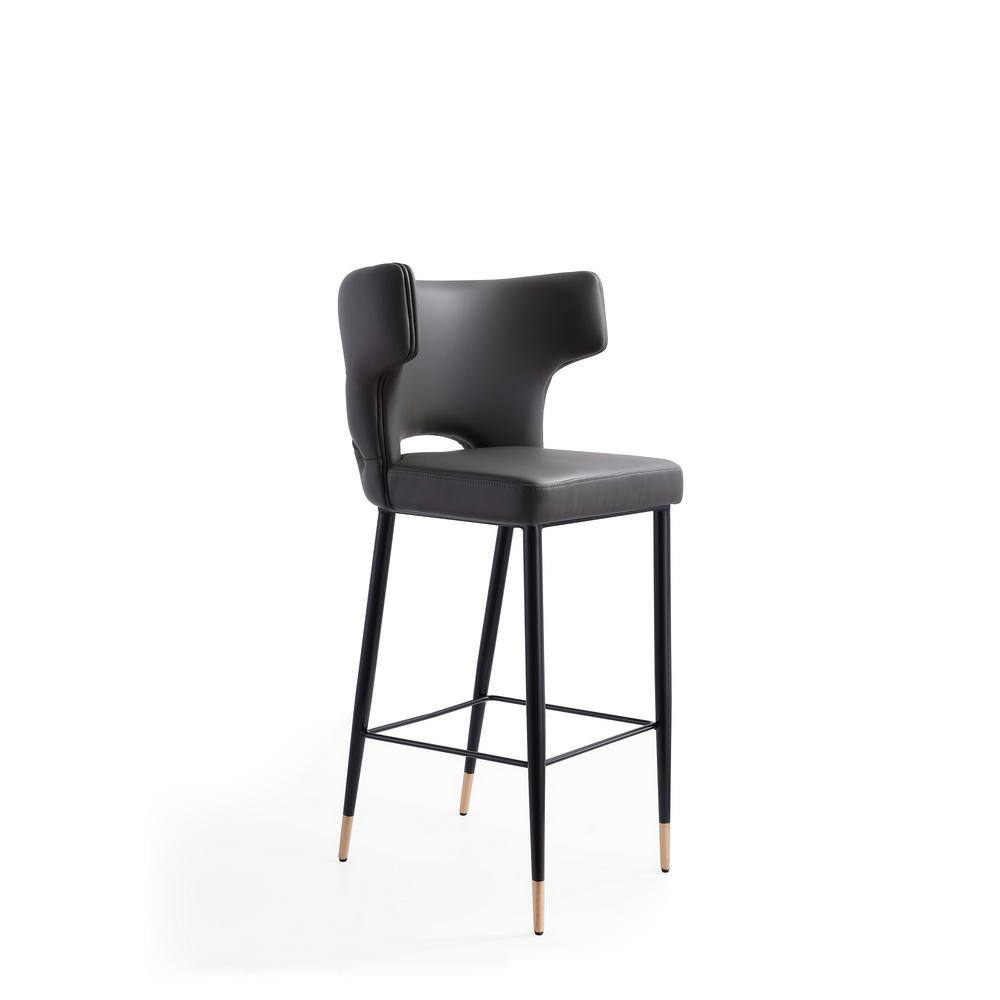 Holguin Gray Leather and Wood Barstool Set with Gold Accents