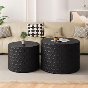 23.62 in. Black Cylindrical Nesting Coffee Table Set with Honeycomb Design (Set of 2)