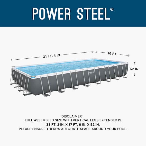Power Steel 31 ft. 4 in. x 16 ft. Rectangular 52 in. Deep Above Ground Pool Set