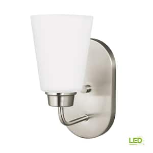 Kerrville 4.625 in. 1-Light Brushed Nickel Traditional Transitional Wall Sconce with Satin Glass Shade and LED Bulb