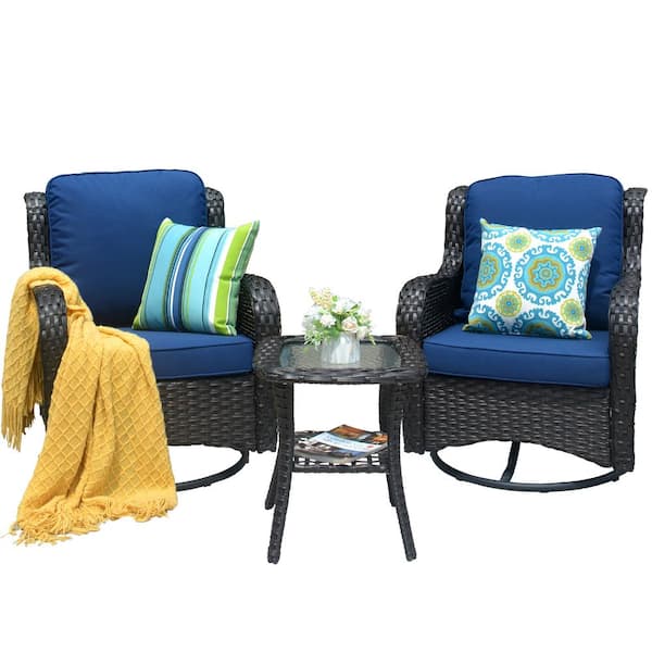 patio set with blue cushions