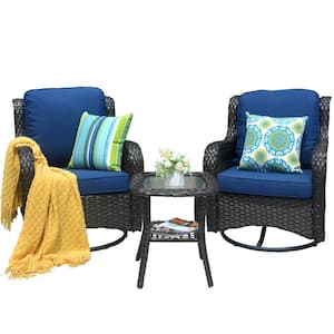 Joyoung Brown 3-Piece Wicker Swivel Outdoor Patio Conversation Seating Set with Navy Blue Cushions