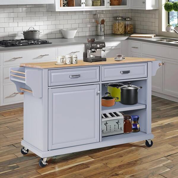 Gray Natural Wood 57.5 in. Kitchen Island with Storage for Living Room