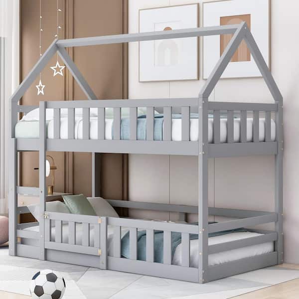 Polibi Twin over Twin House Bunk Bed with Fence and Door, Gray