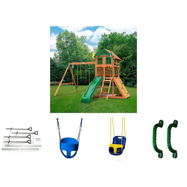 Outing III Outdoor Playground Set, Anchor Kit, Blue Bucket Swing, Blue Infant Swing, and Green Safety Handles (2-Set)