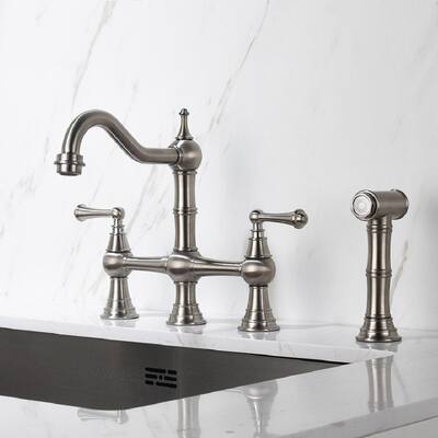 Double Handle Bridge Kitchen Faucet with Pull Out Side Spray in Brushed Nickel