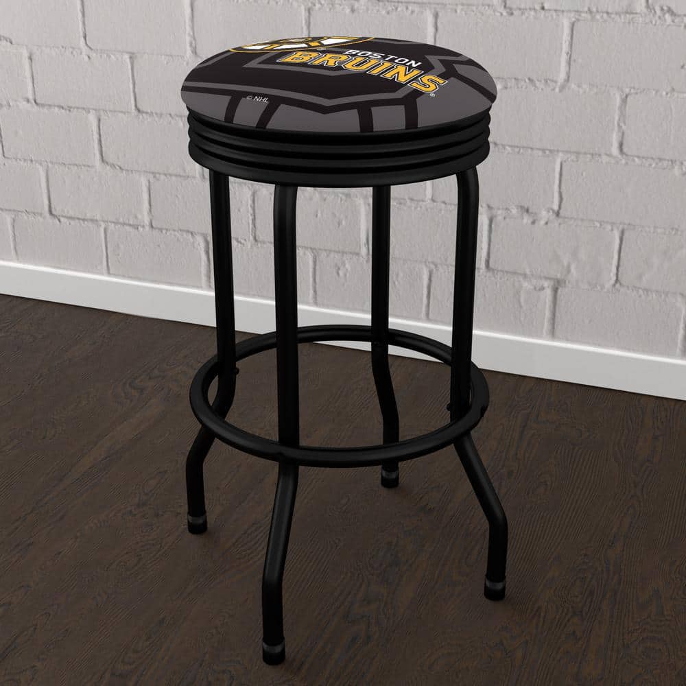 Boston Bruins Logo 29 in. Black Backless Metal Bar Stool with Vinyl Seat