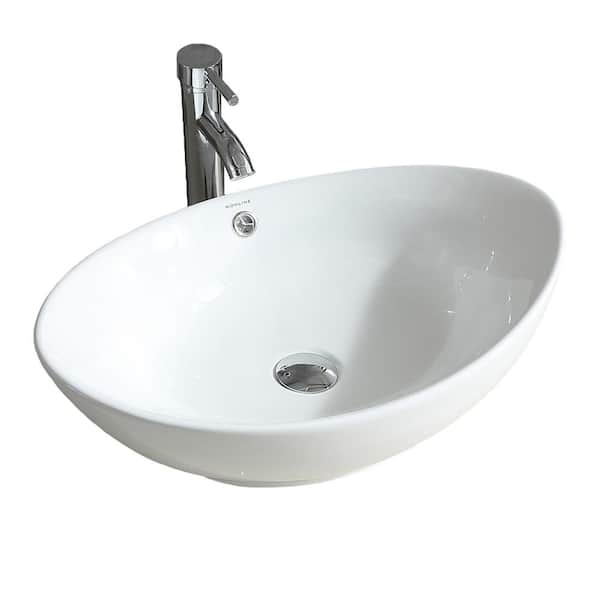 Flynama Ceramic Oval Bathroom Vessel Sink in White with Chrome Faucet and Chrome Pop-Up Drain