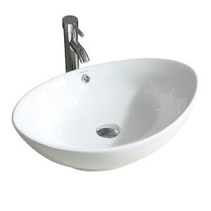 Bathroom Ceramic Oval Vessel Sink in White with Faucet and Pop-Up Drain Combo
