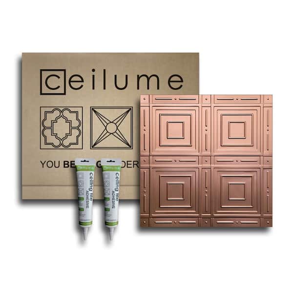Ceilume Nantucket 2 ft. x 2 ft. Glue Up Vinyl Ceiling Tile and Backsplash Kit in Faux Copper (21 sq. ft./case)