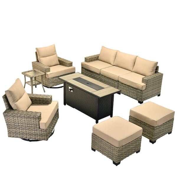 Torino Gray 9-Piece Wicker Outdoor Patio Conversation Deep Sofa Seating Set with Metal Fire Pit and Beige Cushions