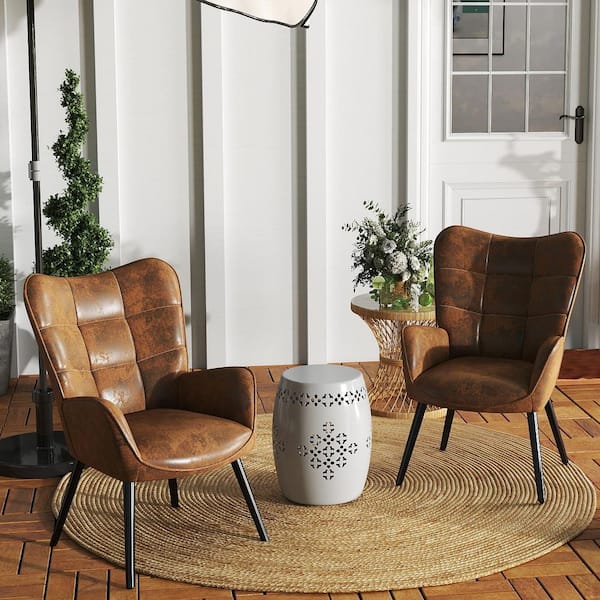KANAS Modern Accent Wingback Chair, Upholstered in Rustic Brown Suede, with Ergonomic Support, Mid-Century, Set of 2