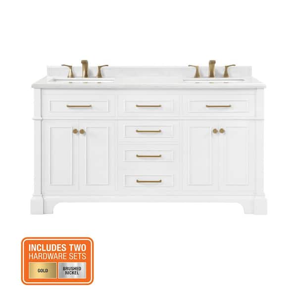 Melpark 60 in. Double Sink White Bath Vanity with White Engineered Marble Top (Assembled)