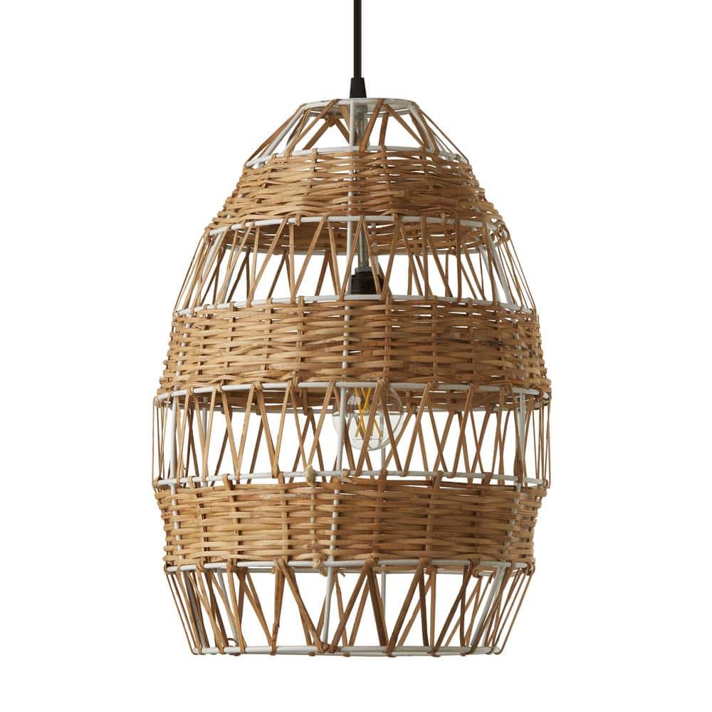 12.75" Tan Rattan and Metal Bowl Pendant Ceiling Light