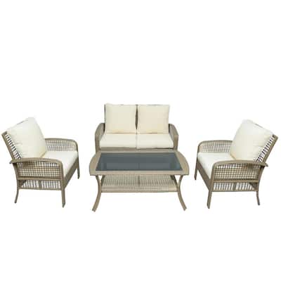 Modern Natural Outdoor Beige Brown 4-Piece Rattan Wicker Sofa Seating Group with Beige Cushions