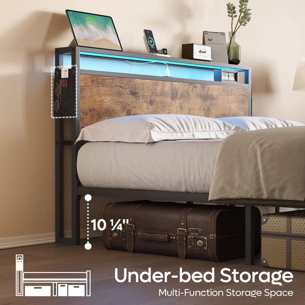 Bestier Queen Size LED Bed Frame with Headboard and Storage Rustic Brown