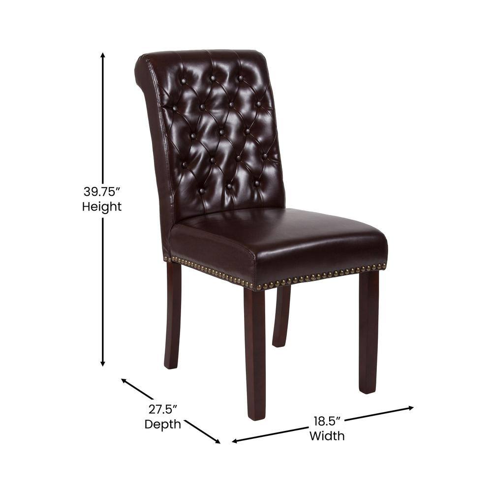 Brown Leather Parsons Side Chair with Walnut Finish