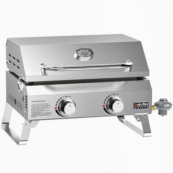 Hitechluxe 2-Burner Portable Propane Gas Table Top Grill Griddle with Lid in Silver for Patio Party Camping Tailgating RV