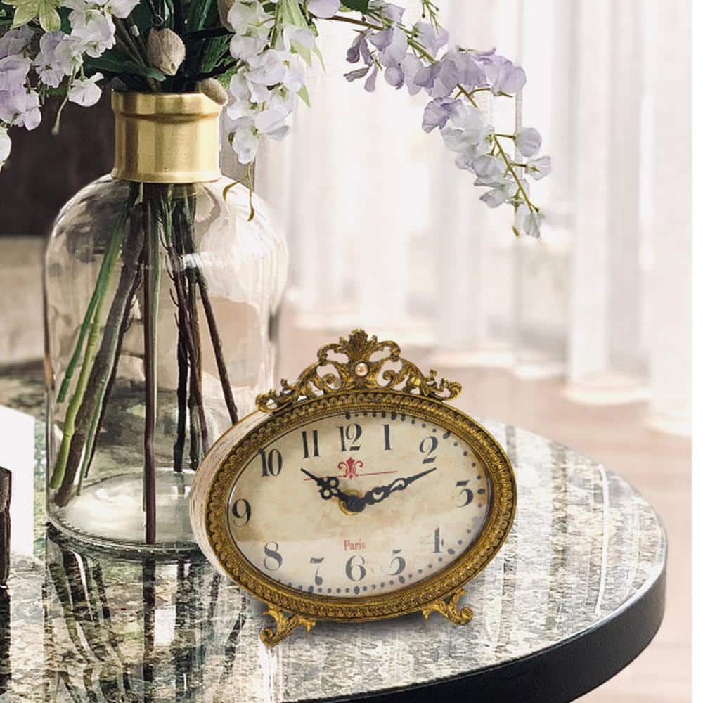 Distressed Gold and Pewter Mantel Clock with Intricate Detailing