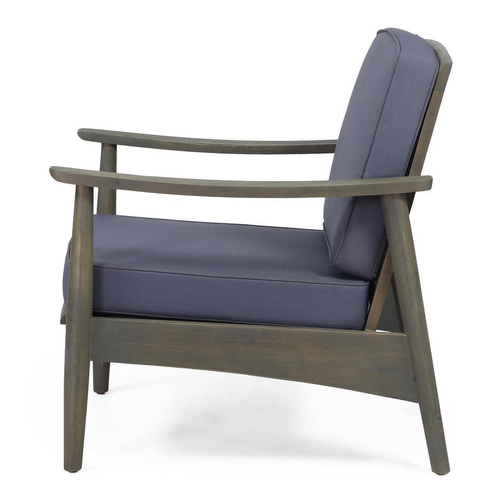 Gray Acacia Wood Outdoor Lounge Chairs with Dark Gray Cushions, Set of 2