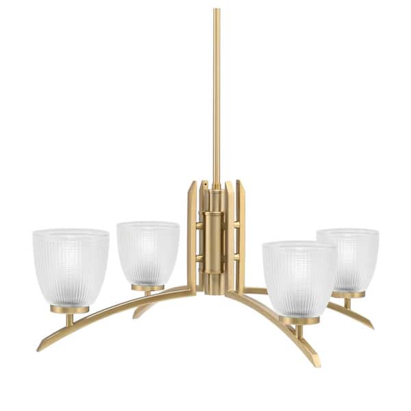Unbranded Siena 26.5 in. 4-Light New Age Brass Chandelier with 5 in. Clear Ribbed Glass Shade, No Bulbs Included