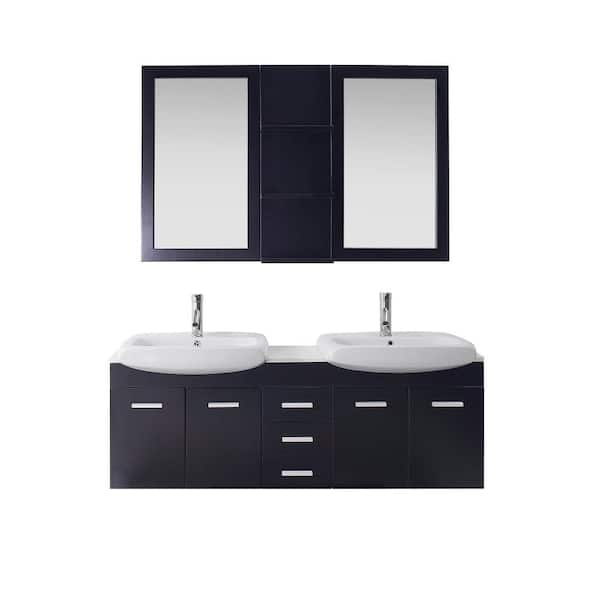Virtu USA Ophelia 60 in. W x 19 in. D Vanity in Espresso with Stone Vanity Top in White with White Basin and Mirror