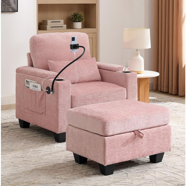 Laverna Pink 26.5 in. Chenille Side Chair with Adjustable Backrest, USB Port, Storage Ottoman, Phone Stand, Cup Holders