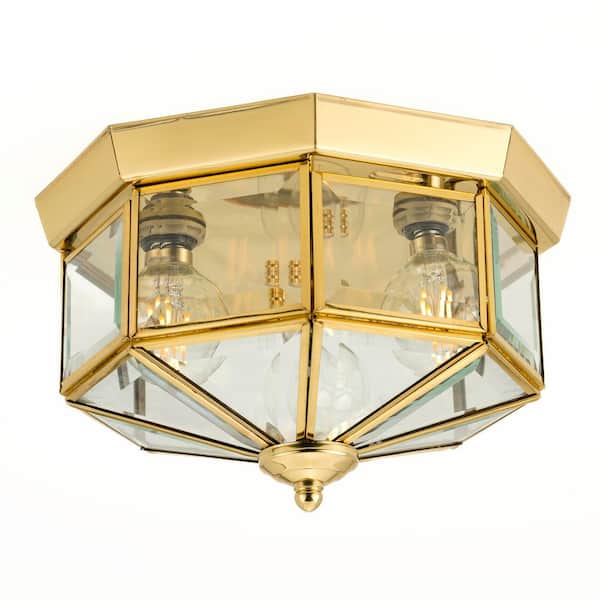 3-Light Polished Brass Clear Beveled Glass Traditional Indoor Outdoor 9-3/4" Flush Mount Light