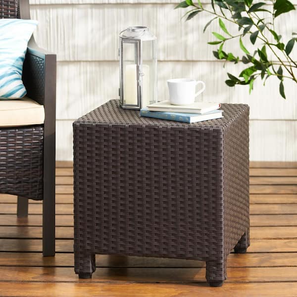 Noble House Maverick Dark Brown Square Faux Rattan Outdoor Patio Side Table