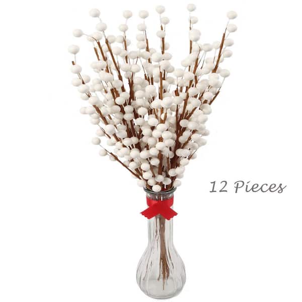 Set of 24: White Holly Berry Stems with 35 Lifelike Berries
