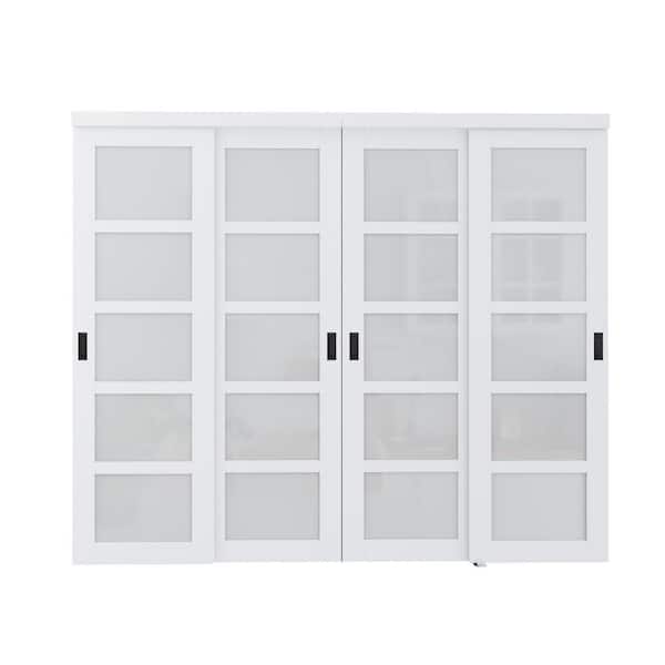 96 in. x 80 in. 5-Lite Frosted Glass Primed White MDF Interior Closet Sliding Door Black Handles and Hardware