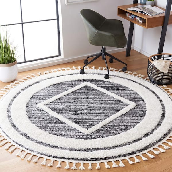 Moroccan Tassel Shag 7 ft. x 7 ft. Black/Ivory Border High-Low Diamond Round Area Rug