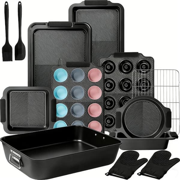 25-Piece Black Stackable Baking Pans Set, Nonstick Bakeware Sets with Silicone Handles, 450°F Oven Safe Cookie Sheets