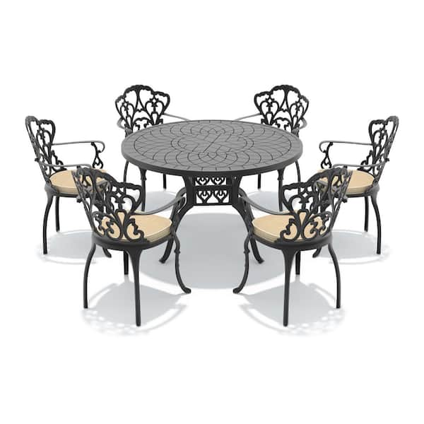 Black 7-Piece Cast Aluminum Outdoor Dining Set, 47.24 in. Round Dining Table and 6 Patio Chairs with Off-White Cushions