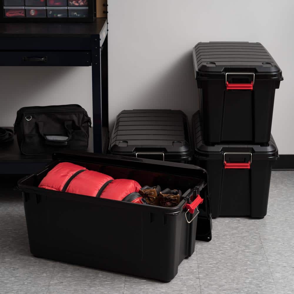 Heavy Duty Black Plastic Stackable Storage Totes with Lids, 82 Quart, Set of 4