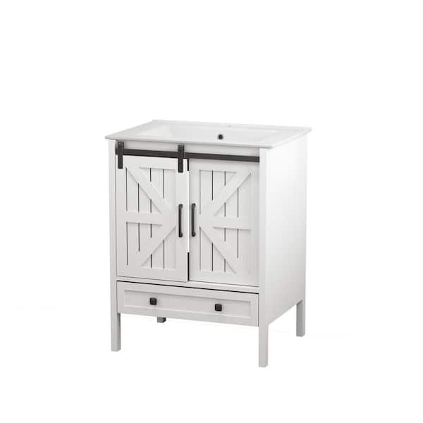 24 in. Single Sink Freestanding White Barn Door Bath Vanity with Ceramic Top Unassembled, Rustic Sliding Cabinet