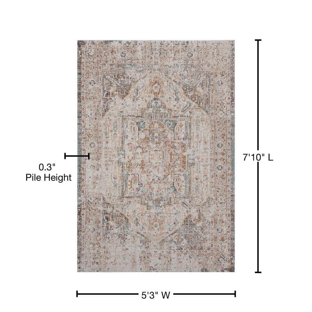 Faded Turkish Beige and Cream Synthetic Area Rug, 5' x 7'