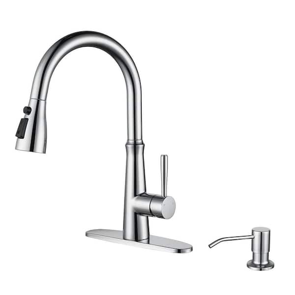 AVITAS 15.4 in. 3-Mode Single Handle Pull Down Sprayer Kitchen Faucet with Soap Dispenser and 360° Swivel Spout in Chrome