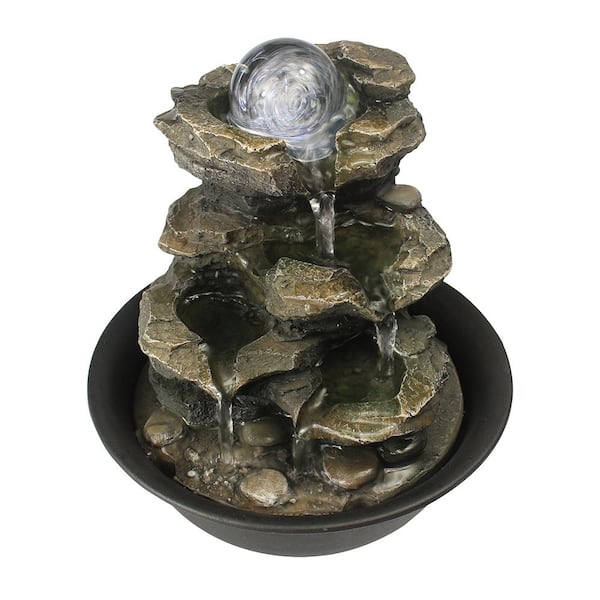 Watnature 8.3 in. Resin Cascading Tabletop Fountain with Spinning Orb and LED Lights, 4-Tier Meditation Indoor Fountain Home Decor