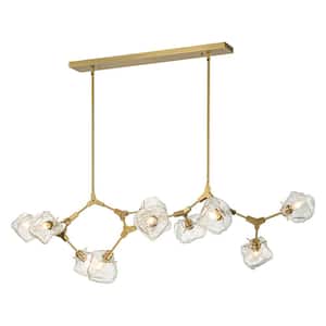 Irreg 55.2 in.W 10-Light Oversized Brushed Gold Brass Linear Kitchen Island Chandelier with Etched Clear Glass Shade