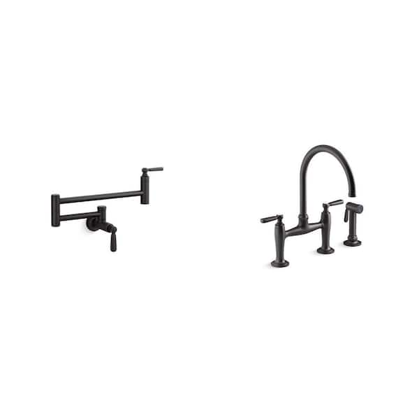 Edalyn By Studio McGee Matte Black Pot Filler and Double-Handle Bridge Kitchen Faucet with Side Sprayer Combo