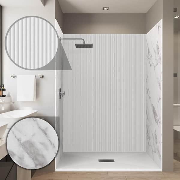CASTICO Flute/Carrara 32 in. x 60 in. x 84 in. Solid Composite Stone Alcove Shower Kit w/ Walls and White Pan Base Center Drain
