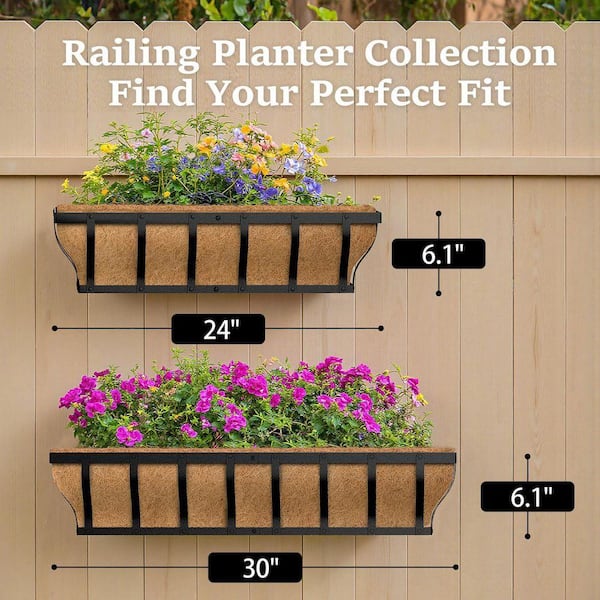 Justincity 24" Black Iron Adjustable Railing Planter Heavy Duty Window Box Coco Liner Balcony Hanging Planters 2 Pack