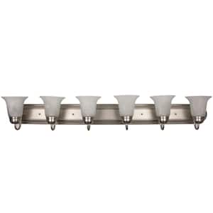 48 in. 6-Light Brushed Nickel Decorative Bathroom Vanity Light with Bell Shape Frosted Alabaster Glass Shades