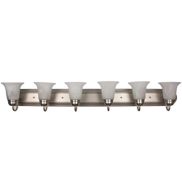 Sunlite 48 in. 6-Light Brushed Nickel Decorative Bathroom Vanity Light with Bell Shape Frosted Alabaster Glass Shades