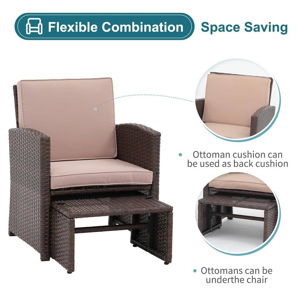 5-Piece Brown Wicker Patio Conversation Set with Beige Cushions