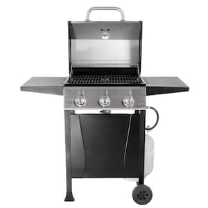 3 Burner Gas Grill in Black with Top Cover and Shelves Stainless Steel, 2 Number of Side Burners